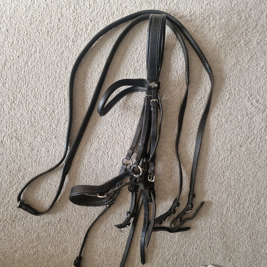 Full black lemieux drop noseband bridle with reins