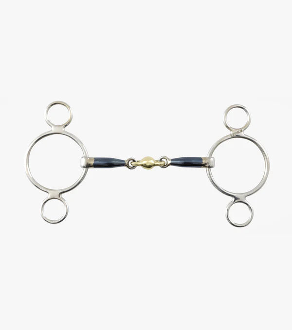 Premier Equine Blue Sweet Iron Two Ring Universal Gag with Brass Alloy Lozenge