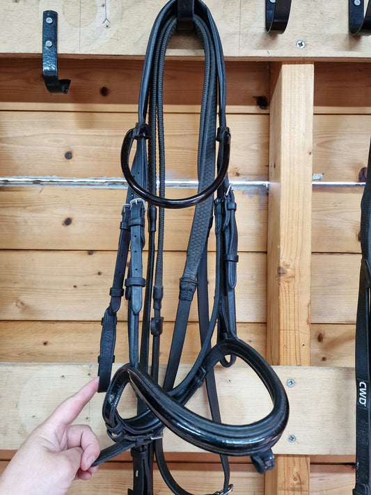 Full black  Rolled Patent Equipe flash bridle and reins