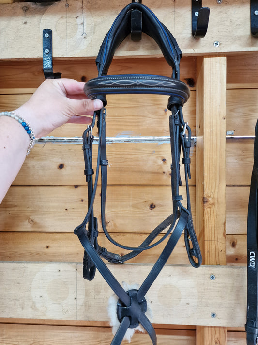 Cob black and blue CWD Mademoiselle custom made bridle grackle